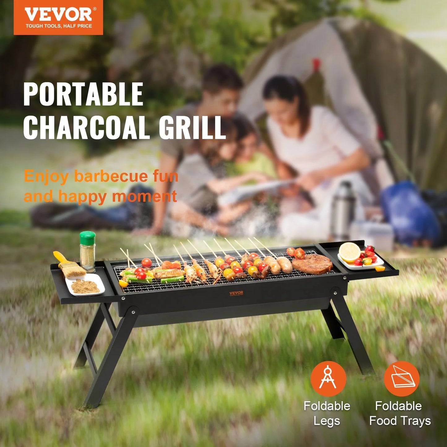 VEVOR 23 Inch Portable Charcoal Grill, Compact Foldable Grill, Heavy Duty Steel BBQ Grill, Mini Smoker for Travel, Outdoor Cooking, Barbecue Camping, Picnic, Patio Black